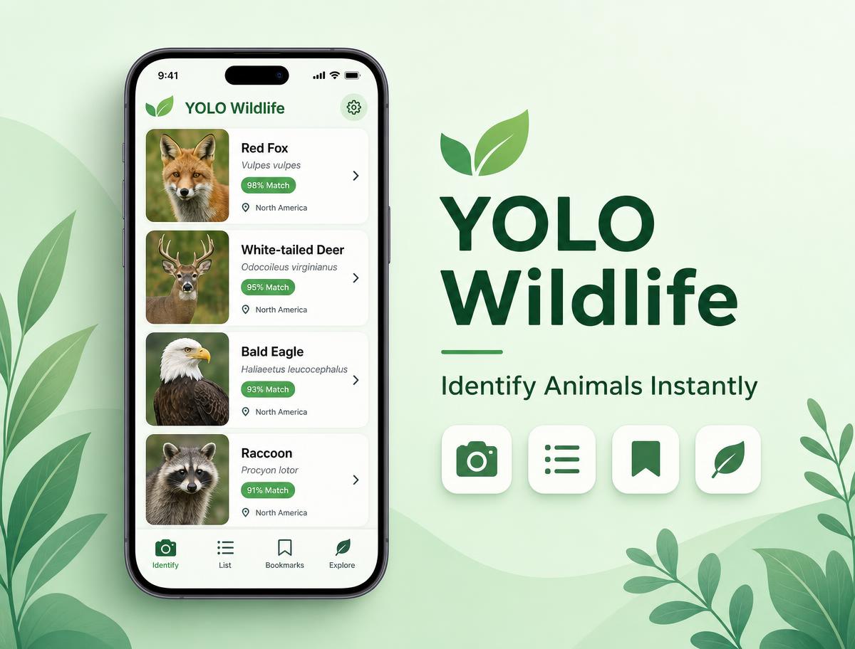 YOLO Wildlife app shown on a phone with animal identification results